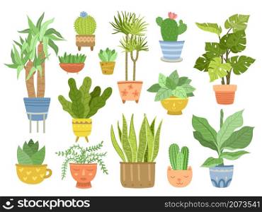 Flat house plant. Home plants, flat gardening indoor elements. Bamboo in pot, interior succulents in cute containers exact vector collection. Flowerpot and cactus, houseplant grow illustration. Flat house plant. Home plants, flat gardening indoor elements. Bamboo in pot, interior succulents in cute containers exact vector collection