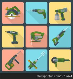 flat house remodel power tools icons. vector house repair electric devices flat style icons with shadow
