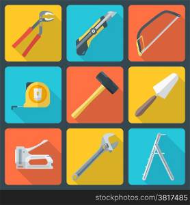 flat house remodel tools icons. vector various color flat design house repair instruments equipment icons with shadow