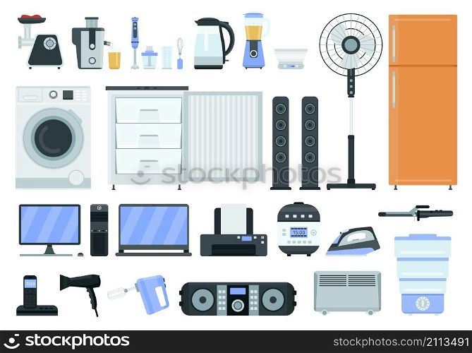 Flat household electric appliances, technology shop icons. Fridge, cooker, iron, washing machine, television, mixer and blender vector set. Illustration of technology household electric. Flat household electric appliances, technology shop icons. Fridge, cooker, iron, washing machine, television, mixer and blender vector set