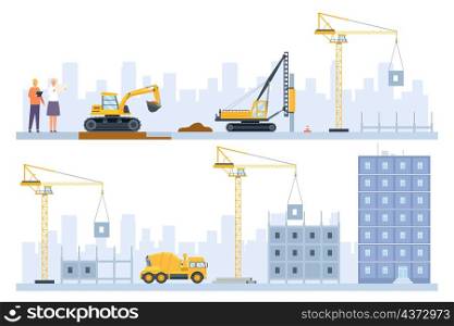 Flat houses construction process stages with building machinery. Engineers, excavator and crane build. Real estate industry vector concept. Illustration of house construction process. Flat houses construction process stages with building machinery. Engineers, excavator and crane build. Real estate industry vector concept