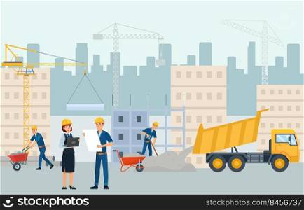 Flat houses construction site. People in uniform and helmets working and building block of flats. Manager and architect discussing project on paper. Heavy machinery with materials vector. Flat houses construction site. People in uniform and helmets working and building block of flats. Manager and architect