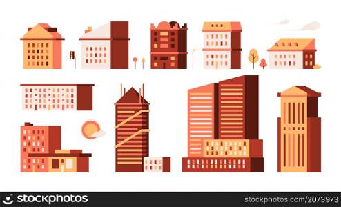 Flat houses. Simple urban buildings minimalism style garish vector illustrations town houses home constructions. Architecture urban building, city construction apartment. Flat houses. Simple urban buildings minimalism style garish vector illustrations town houses home constructions