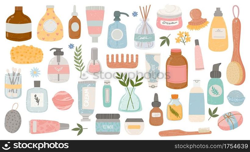 Flat hygiene and beauty products. Cosmetic bottles and tubes, bath accessories, lotion, shampoo, oil and scrub. Organic skin care vector set. Illustration hygiene bottle, cream and lotion. Flat hygiene and beauty products. Cosmetic bottles and tubes, bath accessories, lotion, shampoo, oil and scrub. Organic skin care vector set