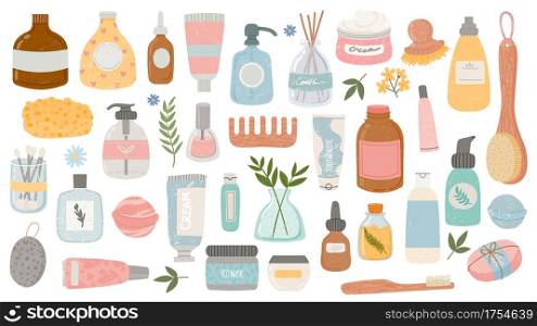 Flat hygiene and beauty products. Cosmetic bottles and tubes, bath accessories, lotion, shampoo, oil and scrub. Organic skin care vector set. Illustration hygiene bottle, cream and lotion. Flat hygiene and beauty products. Cosmetic bottles and tubes, bath accessories, lotion, shampoo, oil and scrub. Organic skin care vector set