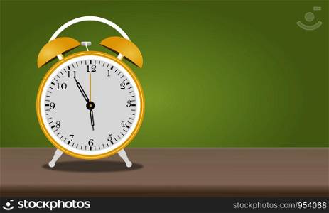 Flat icon design. Vector Cartoon alarm clock isolated on green background on table. concept Woke up morning.