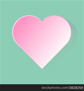 Flat icon of pink heart with long shadow in green background