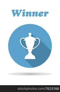 Flat icon of trophy cup on blue background for victory, winning, competition or any sports design