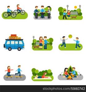 Flat icon outing with people outdoors activities isolated vector illustration. Flat Icon Outing