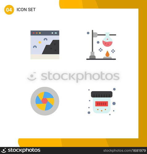 Flat Icon Pack of 4 Universal Symbols of browser, aperture, photo, chemistry, logo Editable Vector Design Elements