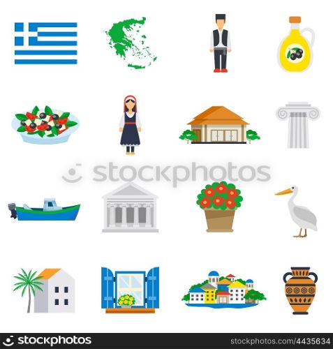 Flat Icon Set Greece. Flat icon set with main characters and typical architecture of Greece isolated vector illustration