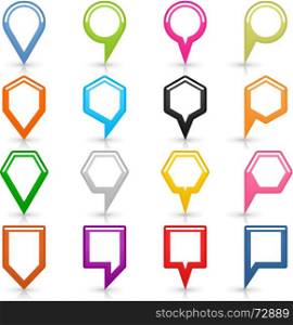 Flat icon set map pin sign with shadow. 16 blank map pins sign location icon with shadow reflection on white background. Set 05 Blue green pink orange gray black yellow brown violet colors shapes. Vector illustration web design save 8 eps