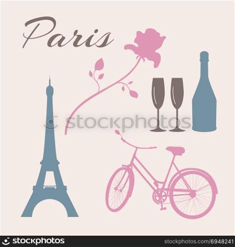 Flat icon set of Paris symbols.. Flat icon set of Paris symbols. tower bike rose ring
