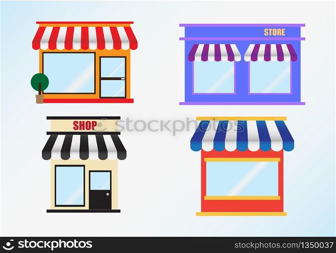 Flat icon set of store front window with awning