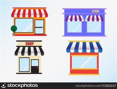 Flat icon set of store front window with awning