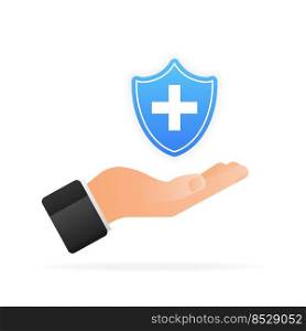 Flat icon with medical shield hand for concept design. Health care concept.. Flat icon with medical shield hand for concept design. Health care concept