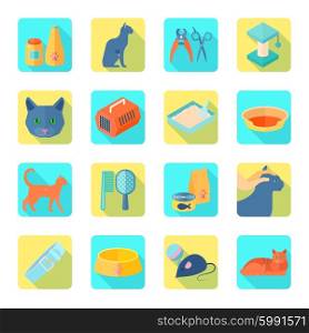 Flat icons cat set slant shadow . Indoor cat care accessories flat icons set with healthy vet approved food abstract shadow isolated vector illustration