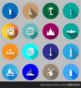Flat icons for travel to world landmarks. flat icons with long shadows on a red background. Flat icons for travel.