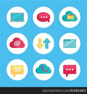 Flat Icons for Web and Mobile Applications.. Flat icons for web and mobile applications. Laptop, speech bubble, cloud storage, mail, data exchange, player, notification, online conference, email letter. Internet signs symbols. Vector flat style