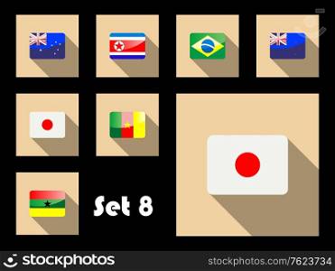 Flat icons of Australia, Japan, Brazil, New Zealand, Korea Republic, Ghana and Cameroon flags