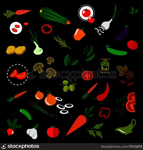 Flat icons of fresh vegetables with tomatoes, carrots, cucumbers, onions, potatoes, chili and bell peppers, green peas, fresh and pickled olives, zucchini, radish, garlic, beet, spicy herbs and sauce boat. Flat vegetables icons with herbs and olives