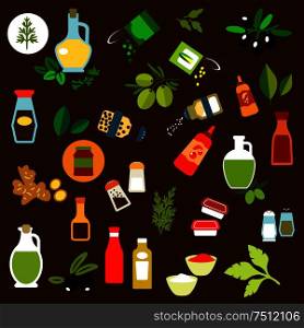 Flat icons of olive fruits, ginger, corn and green pea cans, spicy herbs, olive oil, salt and pepper shakers, vinegar, ketchup, mustard, mayonnaise, tomato sauce bottles. For condiments, spices, herbs and salad oil themes design. Condiments, spices, herbs and oil flat icons