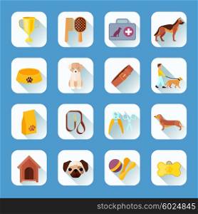 Flat icons set dog slant shadow . Touch screen buttons apps pets dogs and accessories flat icons collection light shadow abstract vector isolated illustration