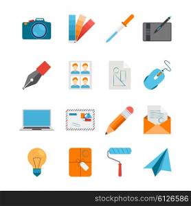 Flat Icons Set For Web And Graphic Design. Creative design icons flat set for web and graphic design with camera mouse digitizer laptop on white background isolated vector illustration
