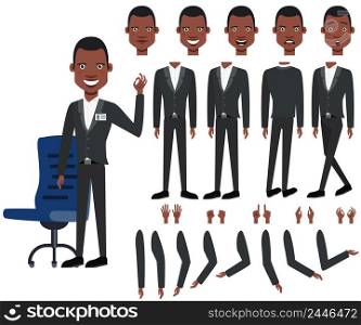 Flat icons set of black boss views, poses and emotions. Facial expressions collection. Business man concept. Vector illustration can be used for topics like business, management, marketing.. Flat icons set of black boss views, poses and emotions