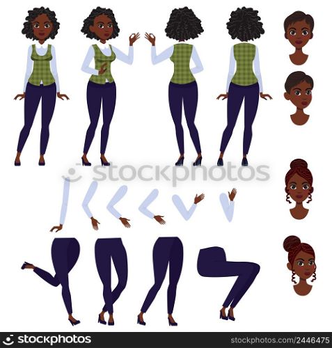 Flat icons set of black lady. Views, poses and hairstyles collection. Young African American woman concept. Vector illustration can be used for topics like business, promotion, marketing.
