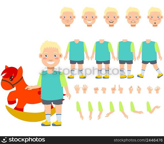 Flat icons set of boy with rocking horse toy. Views, poses and emotions collection. Child concept. Vector illustration can be used for topics like business, childhood, parenting.. Flat icons set of boy with rocking horse toy