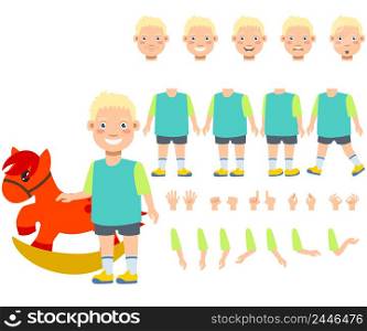 Flat icons set of boy with rocking horse toy. Views, poses and emotions collection. Child concept. Vector illustration can be used for topics like business, childhood, parenting.. Flat icons set of boy with rocking horse toy