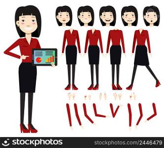 Flat icons set of business woman with charts on tablet screen. Views, poses and emotions collection. Business woman concept. Vector illustration for topics like business, analysis, marketing.. Flat icons set of business woman with charts on tablet screen