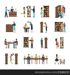 Flat icons set of different scenes of people activities in library isolated vector illustration. People In Library Icon Set