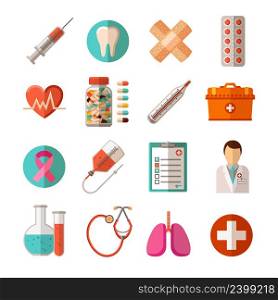Flat icons set of medical equipment pharmaceutical products and health care isolated vector illustration. Medical Icons Set