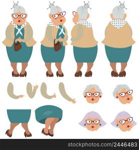 Flat icons set of old lady with bag. Views, poses and hairstyles collection. Senior woman concept. Vector illustration can be used for topics like healthcare, medicine, ageing, retirement.
