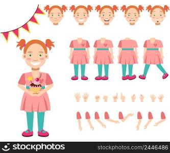 Flat icons set of smiling girl with cupcake. Views, poses and emotions collection. Child or birthday concept. Vector illustration can be used for topics like holiday, childhood, parenting.. Flat icons set of smiling girl with cupcake