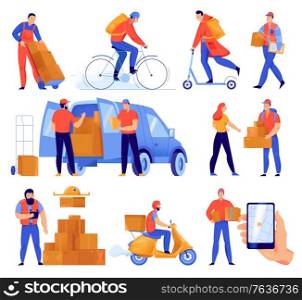Flat icons set with delivery service men delivering parcels by car scooter bike drone isolated vector illustration