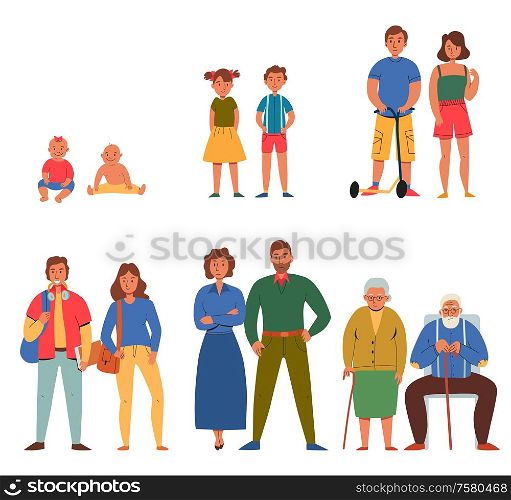 Flat icons set with different generations of people isolated on white background vector illustration