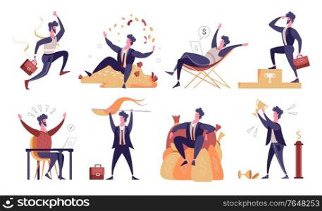 Flat icons set with happy successful winner businessmen isolated vector illustration