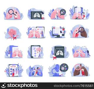 Flat icons set with medical equipment for lung inspection and doctors isolated vector illustration