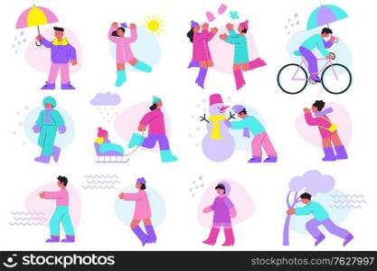 Flat icons set with people spending time outdoors in different weather isolated vector illustration