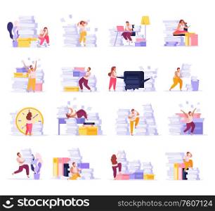 Flat icons set with people tired from paper work in office isolated vector illustration