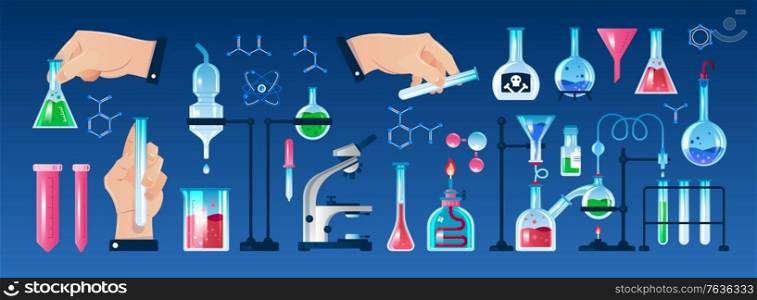 Flat icons set with various laboratory equipment and human hands holding flask tube isolated on white background vector illustration