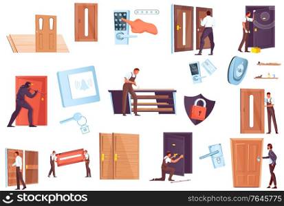 Flat icons set with various modern doors locks thief workers isolated on white background vector illustration