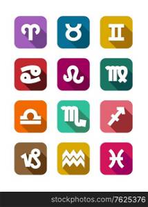 Flat icons with zodiac elements of twelve colorful icons on square web buttons, isolated on white