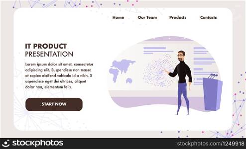 Flat Illustration Bearded Man Giving Public Speech. Banner Vector Guy with Glasses Stage Conducts IT Product Presentation. Global Product Business Company. Stage with Podium Speaker to Audience People