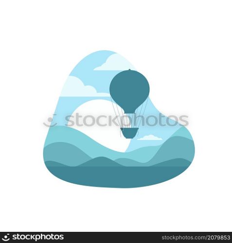 Flat illustration blue silhouette of vintage hot air balloon in the sky, sunrise and hills. Aerostat on landscape background. Vector image of balloon with baskets for stickers and postcards.. Flat illustration blue silhouette of vintage hot air balloon in the sky, sunrise and hills. Aerostat on landscape background. Vector image