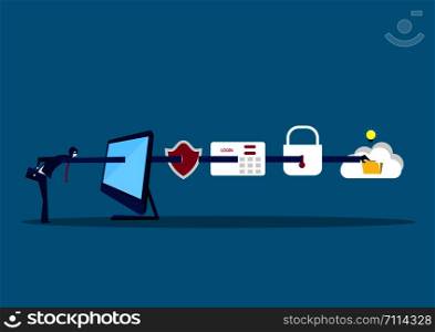 flat illustration businessman thief data from computer laptop, blue background