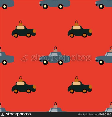 Flat illustration cars seamless pattern on coral background. Greeting card, poster, design element. . Flat illustration cars seamless pattern on coral background